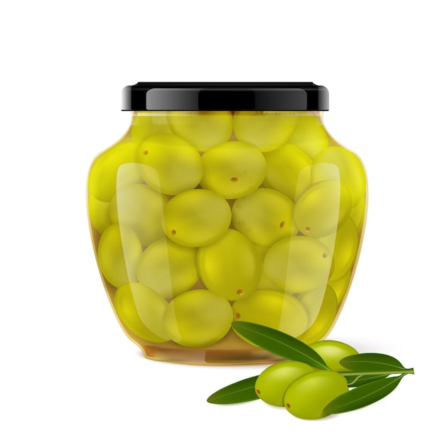 Aceitunas verdes en composición realista de tarro con vista frontal de lata de vidrio llena de aceitunas verdes ilustración vectorial