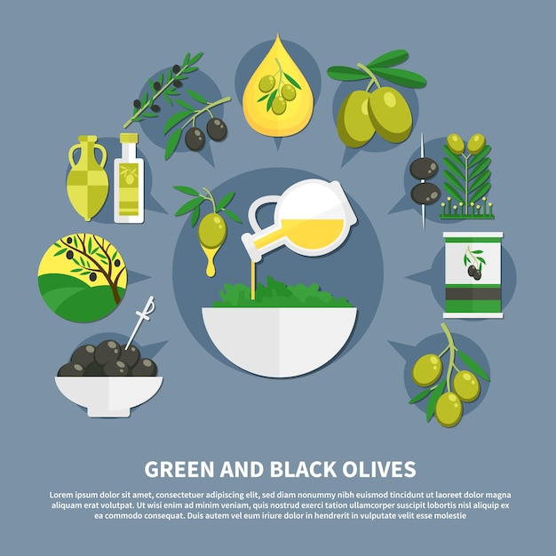 Aceitunas verdes y negras, productos enlatados, aceite, cuenco con ensalada, composición plana