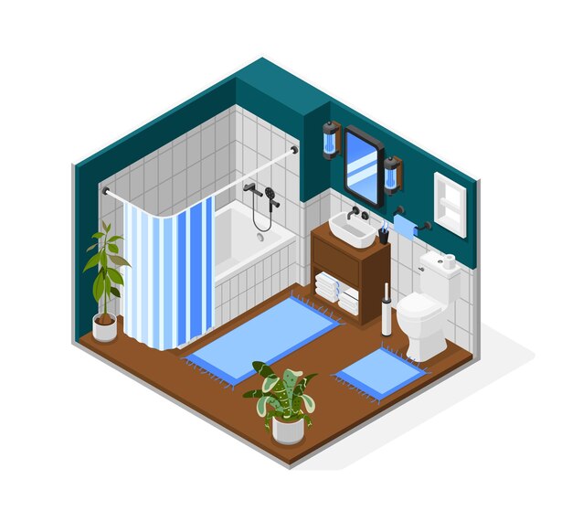 Acogedor interior de baño moderno con bañera inodoro lavabo dos alfombras plantas en macetas composición isométrica 3d ilustración vectorial