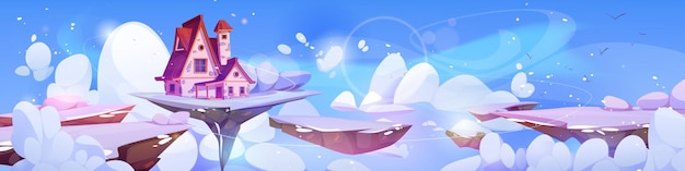 Vector gratuito acogedora casa vieja flotando en la mágica isla de invierno en el cielo ilustración de dibujos animados vectoriales de cabaña de cuento de hadas volando en tierra blanca cubierta de hielo y nieve copos de nieve en el cielo azul plataforma de nivel de juego