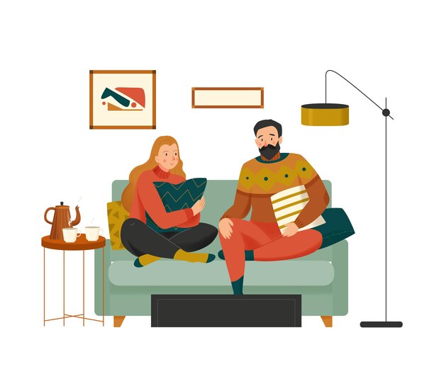 Acogedora composición casera con interior de casa con almohadas y pareja relajándose en un sofá de ilustración vectorial