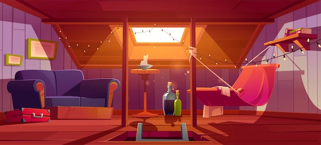 Acogedora habitación en buhardilla con hamaca, sofá y ventana en el techo. interior de dibujos animados de vector de buhardilla para relajarse y recreación, salón de buhardilla con estantería, guirnaldas y botellas de vino