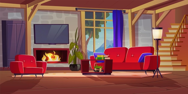 Acogedora sala de estar con chimenea en chalet con vista a la montaña en ventana vector ilustración de dibujos animados del interior de la casa con sillón y sofá libros en la mesa tv en la pared lámpara de pie armario escaleras