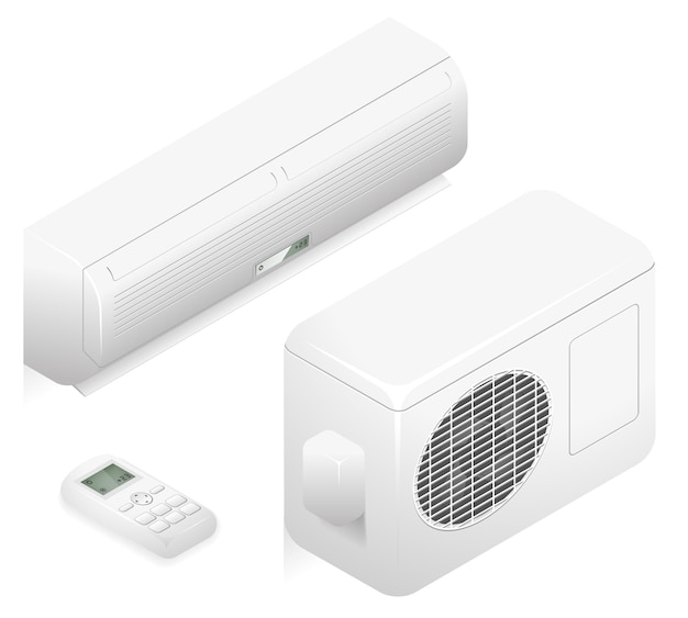 Acondicionador de aire blanco para climatización en oficina. Sistema de aire acondicionado de verano en casa 3d. Acondicionador para aire de ventilación ilustración