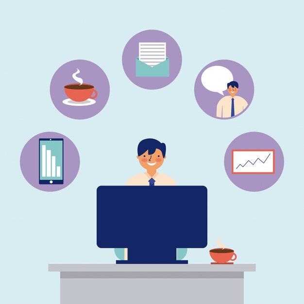 Actividad diaria computadora hombre trabajo de oficina