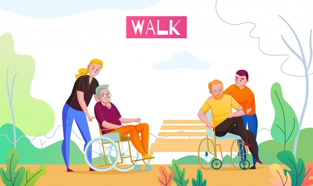 Actividades al aire libre en el hogar de ancianos con asistente médico y voluntario que caminan con la ilustración de vector plano de los residentes limitados en silla de ruedas