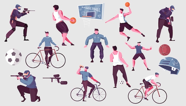 Vector gratuito actividades de ocio para hombres planas con personas masculinas jugando fútbol baloncesto paintball montando bicicleta ilustración vectorial aislada