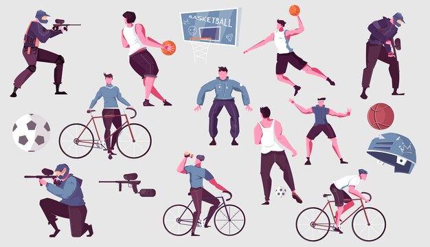Actividades de ocio para hombres planas con personas masculinas jugando fútbol baloncesto paintball montando bicicleta ilustración vectorial aislada