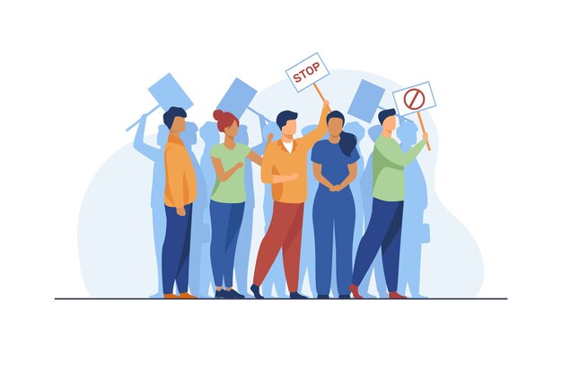 Activistas en reunión de protesta. Multitud de personas con pancartas de pie juntos ilustración vectorial plana. Manifestantes, concepto de sociedad