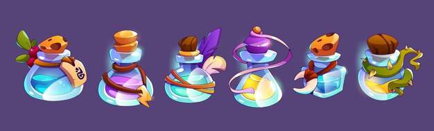 activos del juego de botellas de vidrio y frascos con colorido elixir líquido o poción Vector de dibujos animados conjunto de viales con corchos de agua mágica y etiquetas fantasía farmacia química bombillas con veneno y antídoto