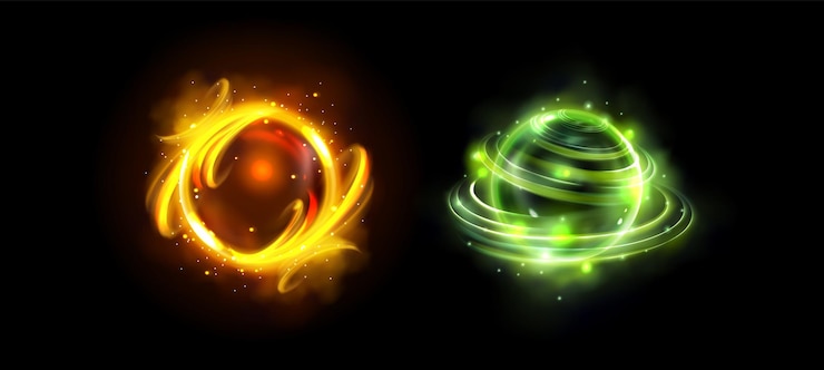 Vector gratuito activos del juego de orbes brillantes mágicos de fuego amarillo y esferas de energía verde ilustración vectorial realista de bolas de energía eléctrica con efecto neón globo de fantasía con círculos de plasma luminoso