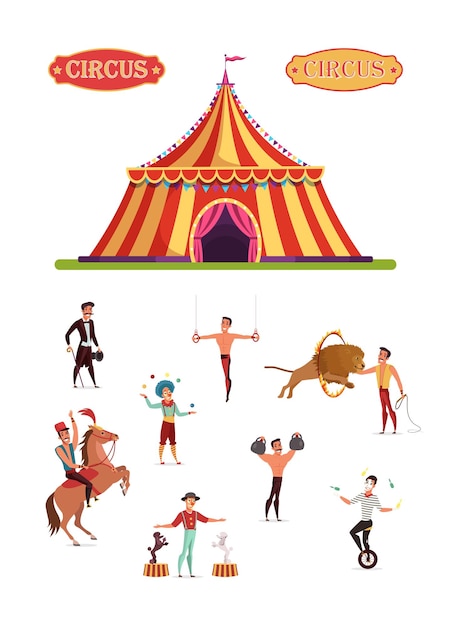Actores de circo, artistas, personajes de dibujos animados, manipuladores de animales, payasos, malabaristas y atletas.