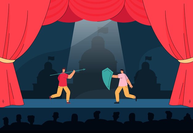 Actores que luchan en la ilustración plana del escenario. Dos jóvenes hombres sonrientes sosteniendo lanza y escudo en escena