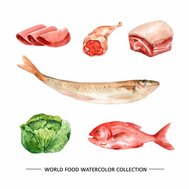 Acuarela aislado jamón, pescado, carne ilustración