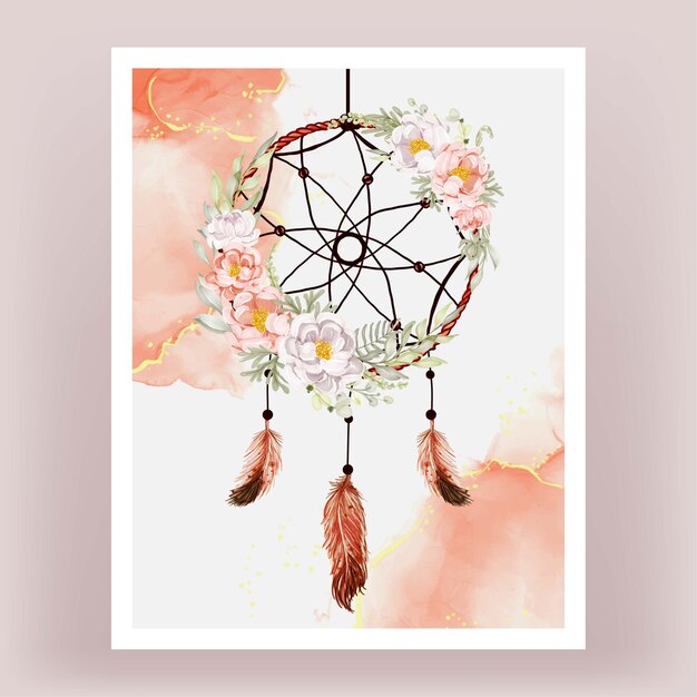 Acuarela atrapasueños peonías melocotón rosa blanco pluma