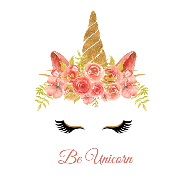 Acuarela cabeza de unicornio con corona floral rosa roja