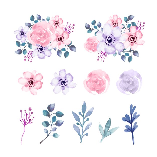 Acuarela conjunto de elementos de flores y hojas