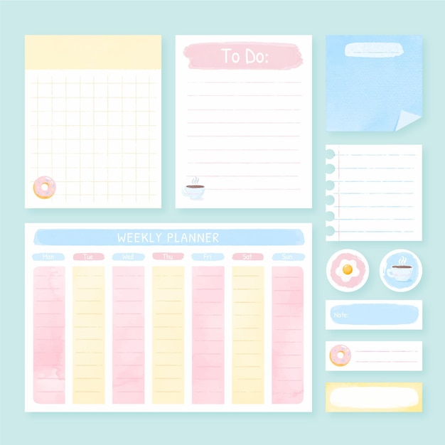 Vector gratuito acuarela conjunto de notas y planificador semanal.