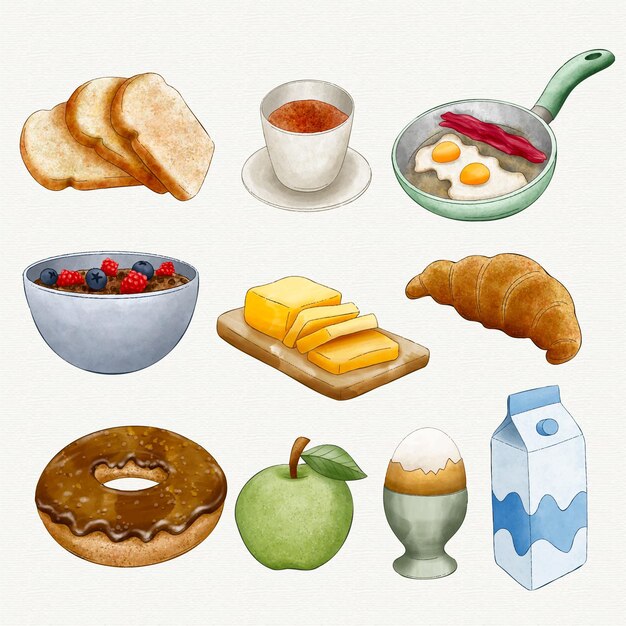Acuarela deliciosos artículos para el desayuno