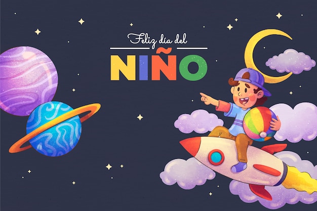 Acuarela día del niño en fondo español.