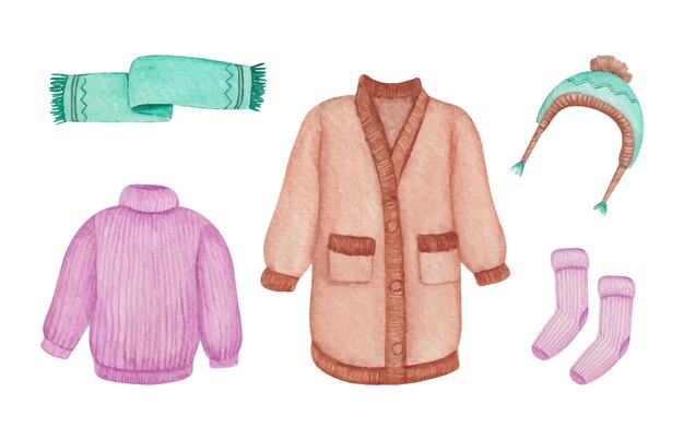 Acuarela dibujada a mano Ropa de invierno y elementos esenciales.