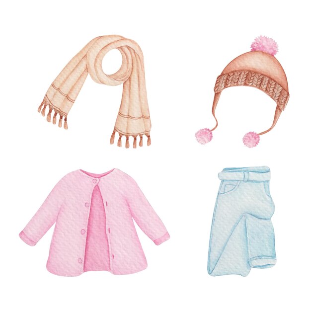 Acuarela dibujada a mano Ropa de invierno y elementos esenciales.