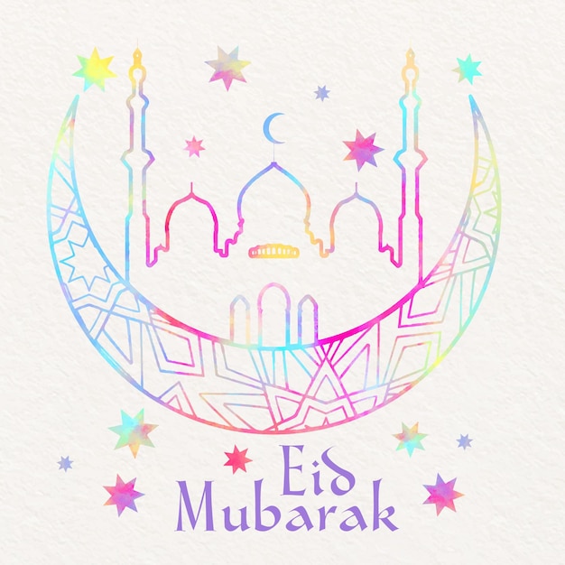 Vector gratuito acuarela eid mubarak con luna y mezquita