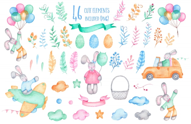 Acuarela feliz Pascua colección conejo conejito con globos aerostáticos