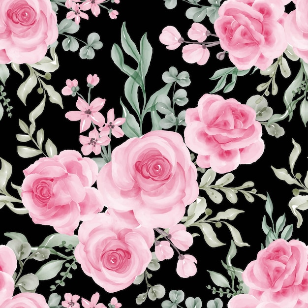 Acuarela flor rosa rosa y hojas de patrones sin fisuras