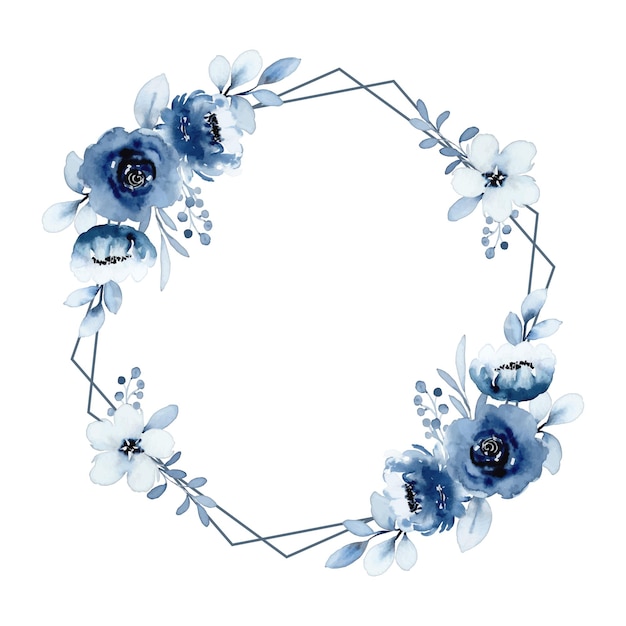 Acuarela floral azul blanca con marco geométrico