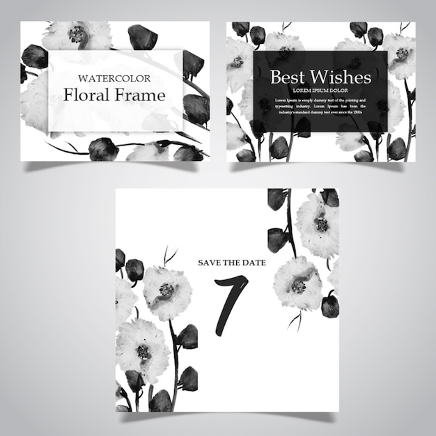 Acuarela floral en blanco y negro y colección de tarjetas
