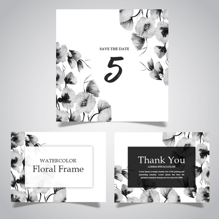 Vector gratuito acuarela floral en blanco y negro y colección de tarjetas