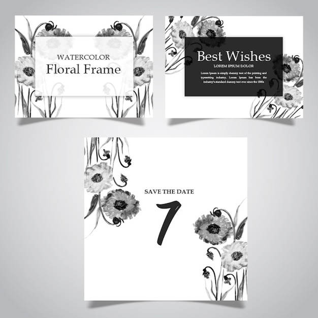 Acuarela floral en blanco y negro y colección de tarjetas