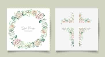 Vector gratuito acuarela floral y hojas conjunto de tarjeta de invitación de boda