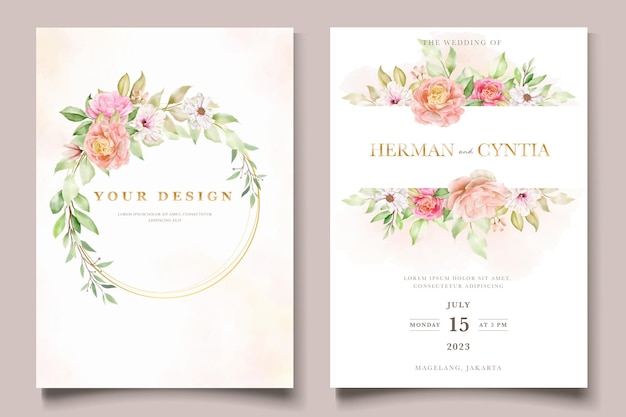 Vector gratuito acuarela floral y hojas conjunto de tarjeta de invitación de boda