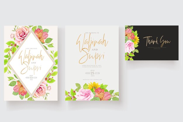 acuarela floral y hojas de fondo y diseño de tarjeta de invitación de corona de borde