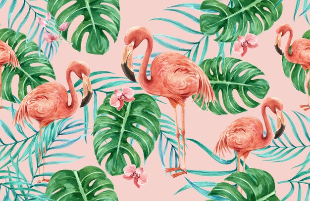 Acuarela de flores de patrón tropical, tarjeta de agradecimiento, ilustración de impresión textil