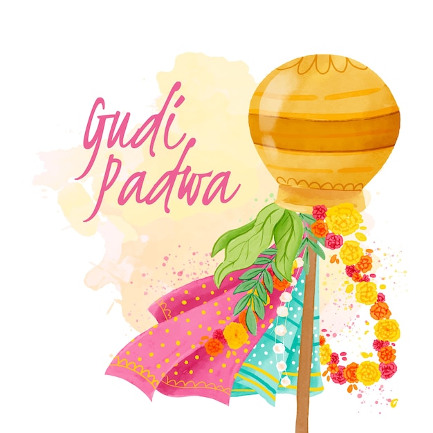 Acuarela gudi padwa con decoraciones coloridas