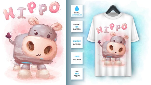 Acuarela hipopótamo - cartel y merchandising