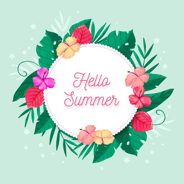 Acuarela hola verano con flores tropicales