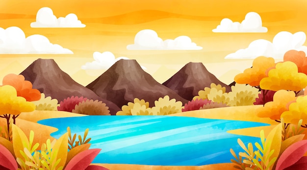 Vector gratuito acuarela lago paisaje temporada de otoño