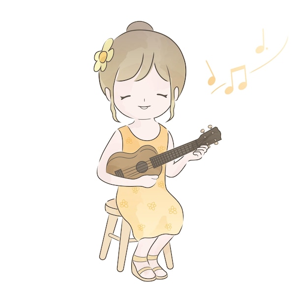 Acuarela linda chica tocando el ukulele ilustración vectorial aislada sobre fondo blanco