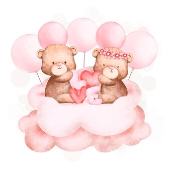 Acuarela linda pareja oso y globo en la nube rosa