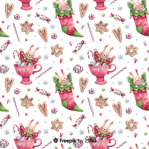 Acuarela navidad calcetines y tazas de patrones sin fisuras