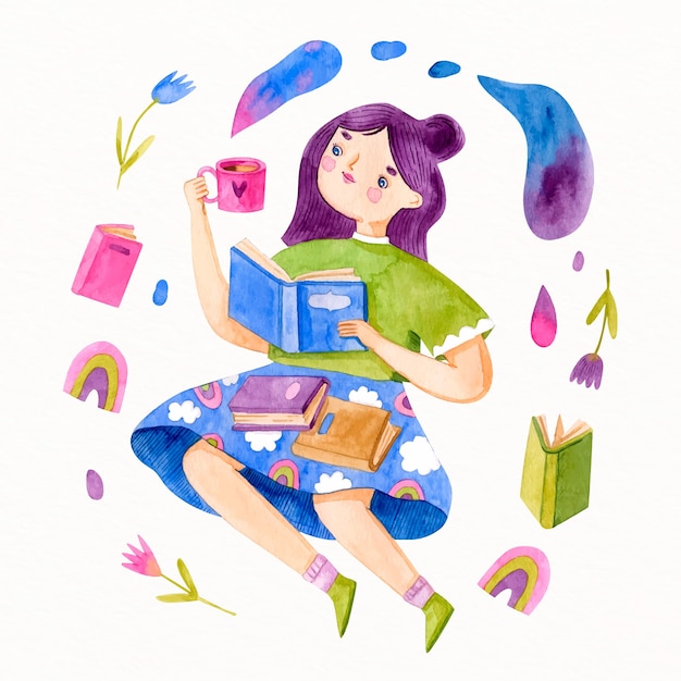 Acuarela niña con cabello violeta leyendo