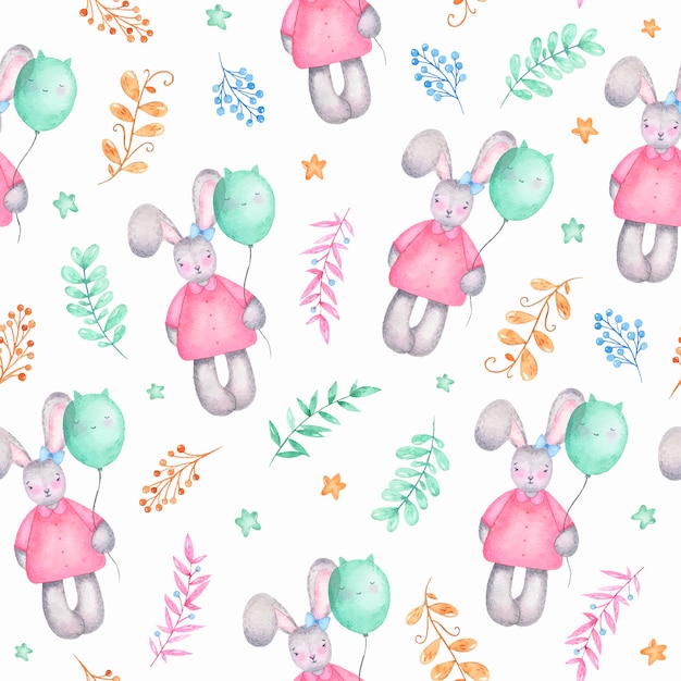 Acuarela de patrones sin fisuras feliz conejito de Pascua linda chica con flores de globos de aire