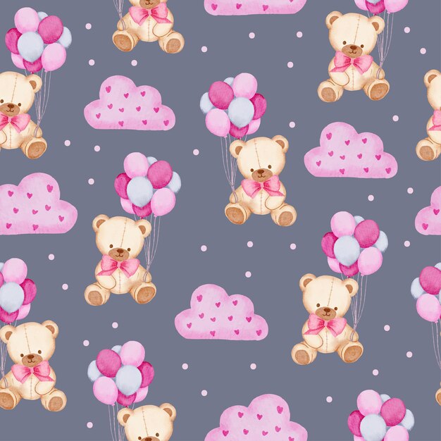 Acuarela de patrones sin fisuras con oso de peluche con globo y nube rosa, elemento de concepto de San Valentín acuarela aislado encantador romántico para decoración, ilustración.