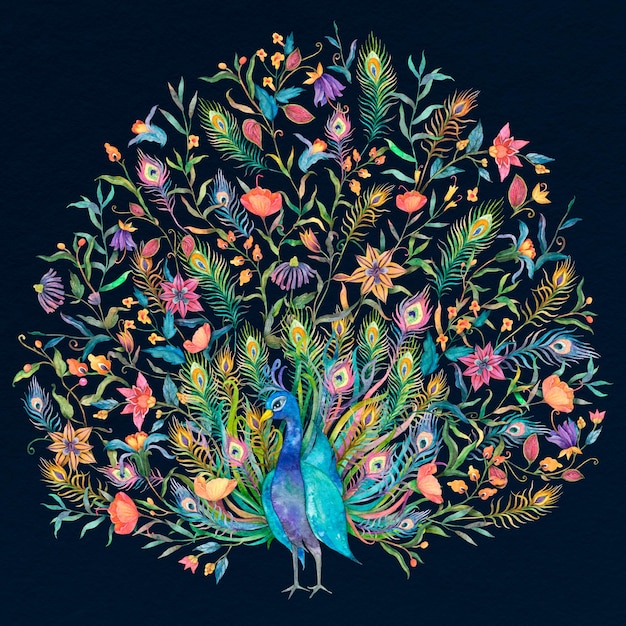 Acuarela pavo real extendiendo su ilustración de colas