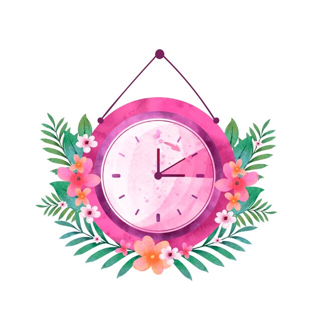 Acuarela primavera adelante ilustración floral con reloj