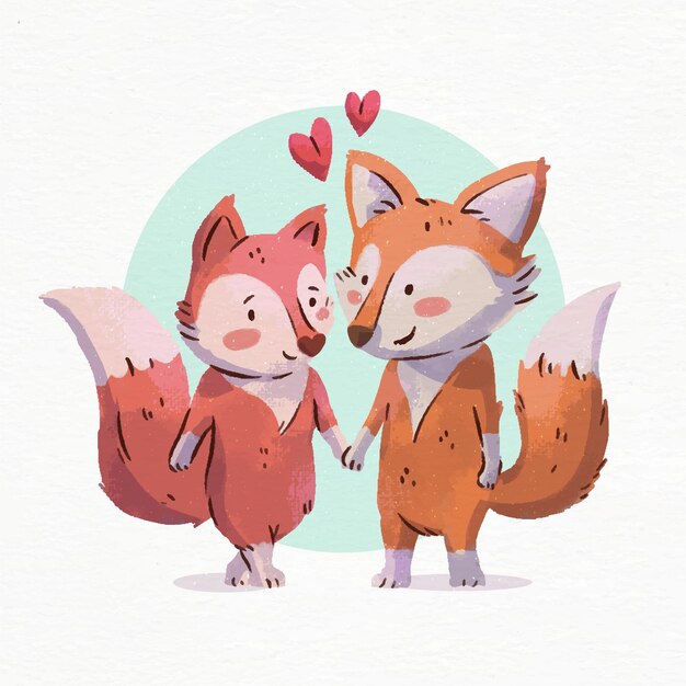 Acuarela de san valentín zorros enamorados
